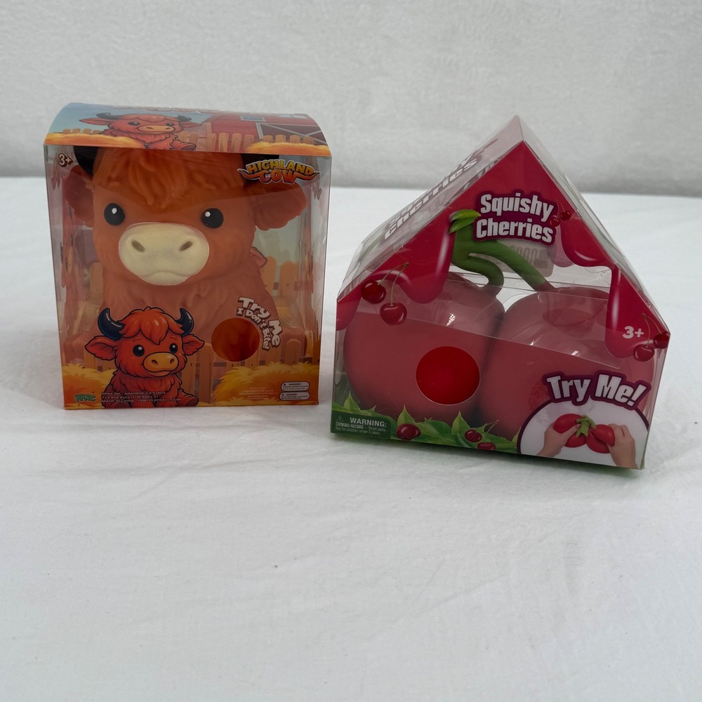 PNCC Giggle Zone Squishy Highland Cow & Cherries Squishy Sensory Toy Bundle New!